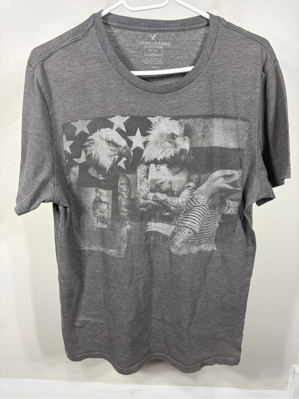 American Eagle Outfitters Gray Bald Eagle & US Flag Graphic Tee